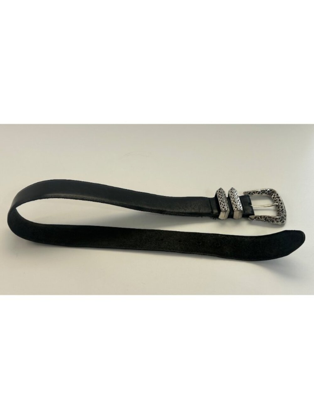 VTG 90s Brighton Black Leather Belt Silver-Tone Filigree Buckle Boho Cowgirl S - Picture 7 of 7